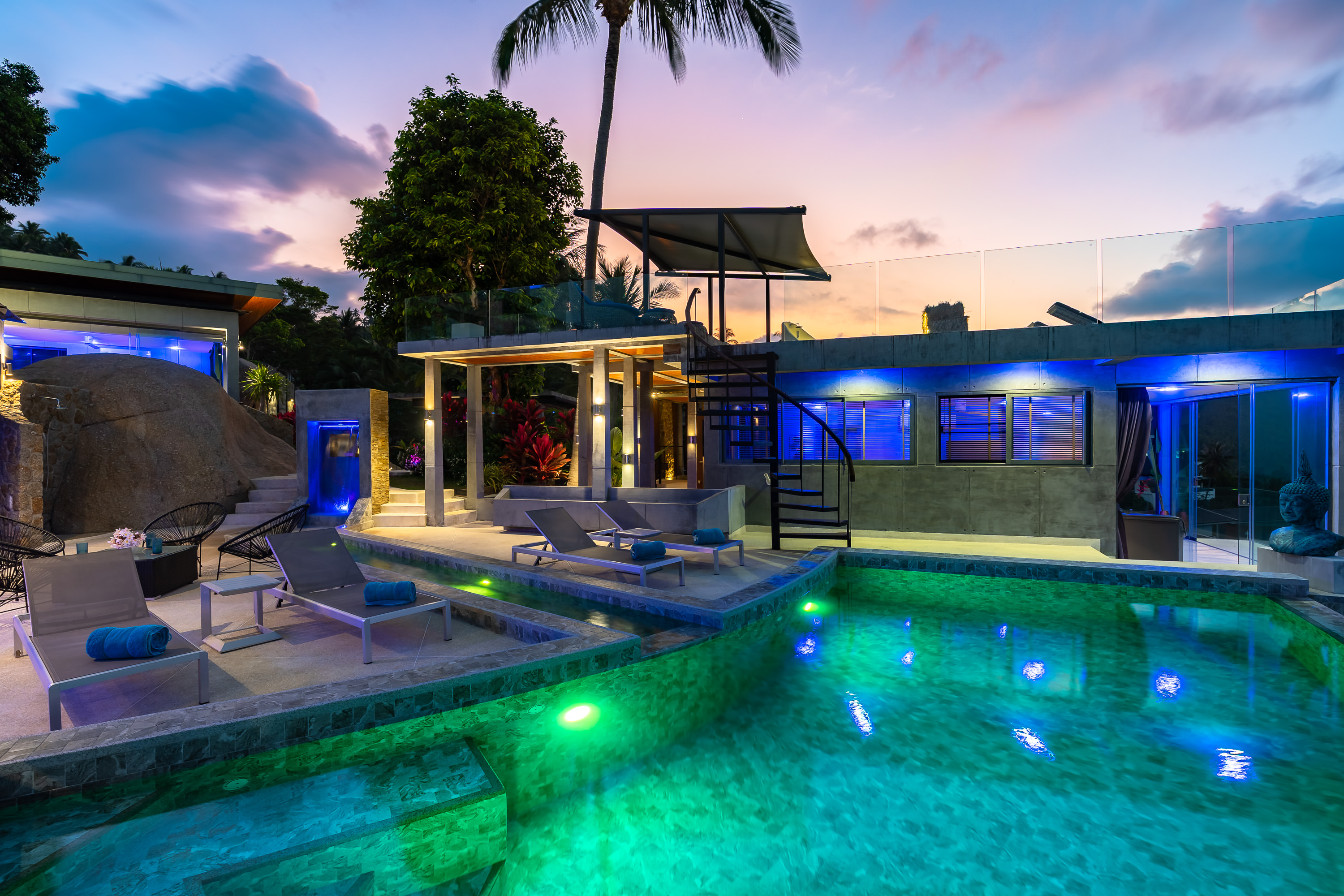 Illuminated pool at night